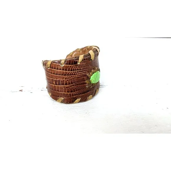 Brown snake skin braided green gemstone leather cuff bracelet - Picture 4 of 6